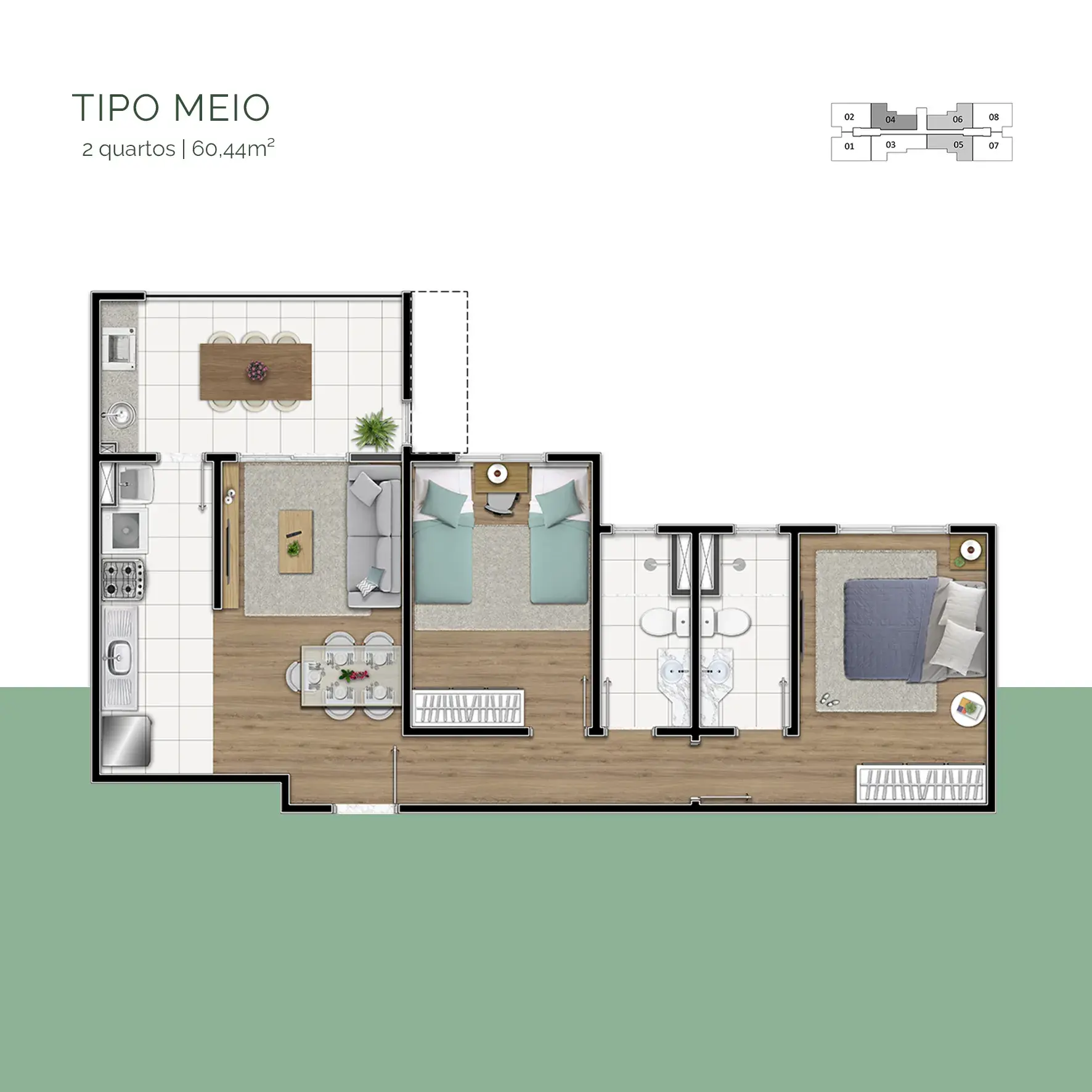 Tipo Meio | 2 quartos