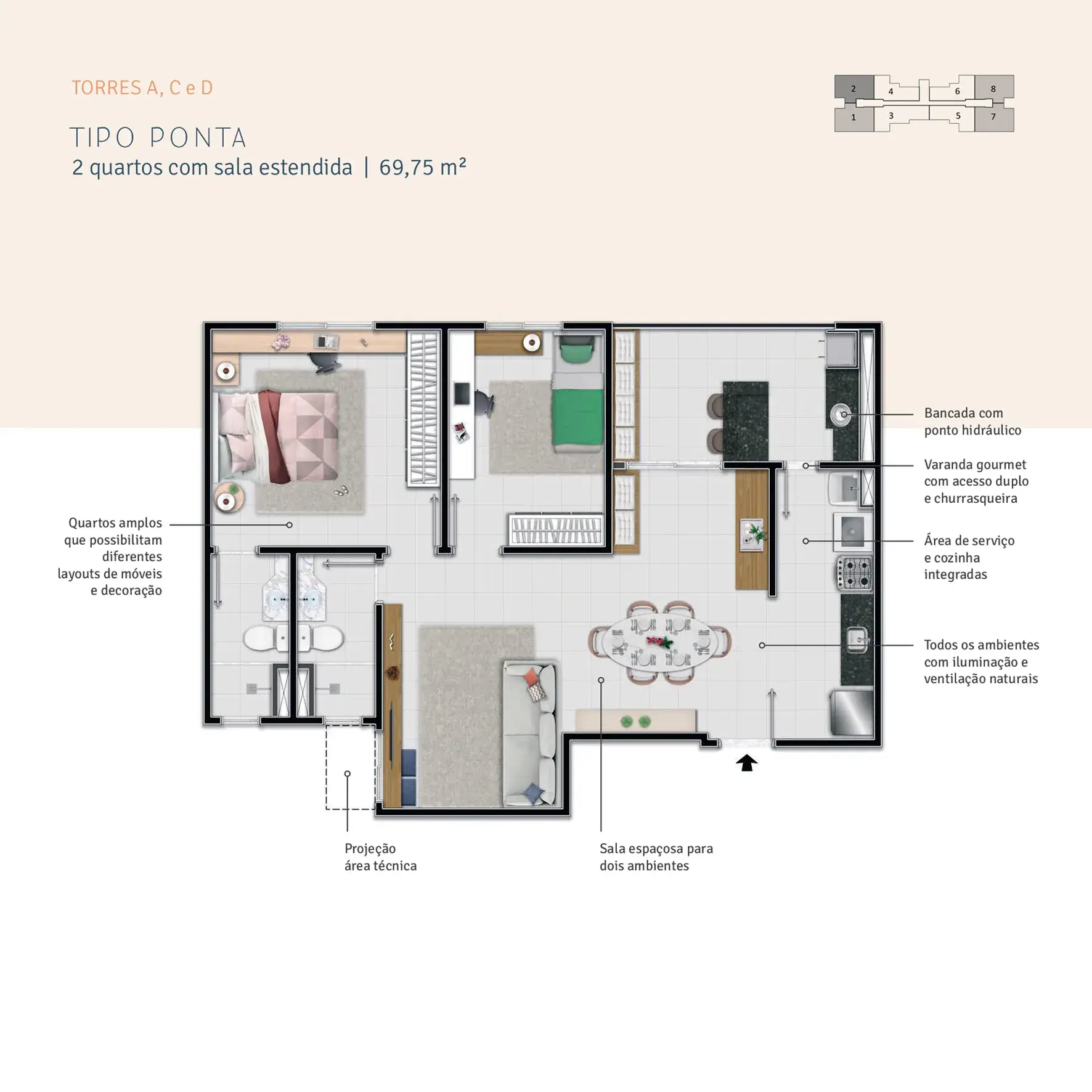 Torres A, C e D | Tipo Ponta | 2 quartos