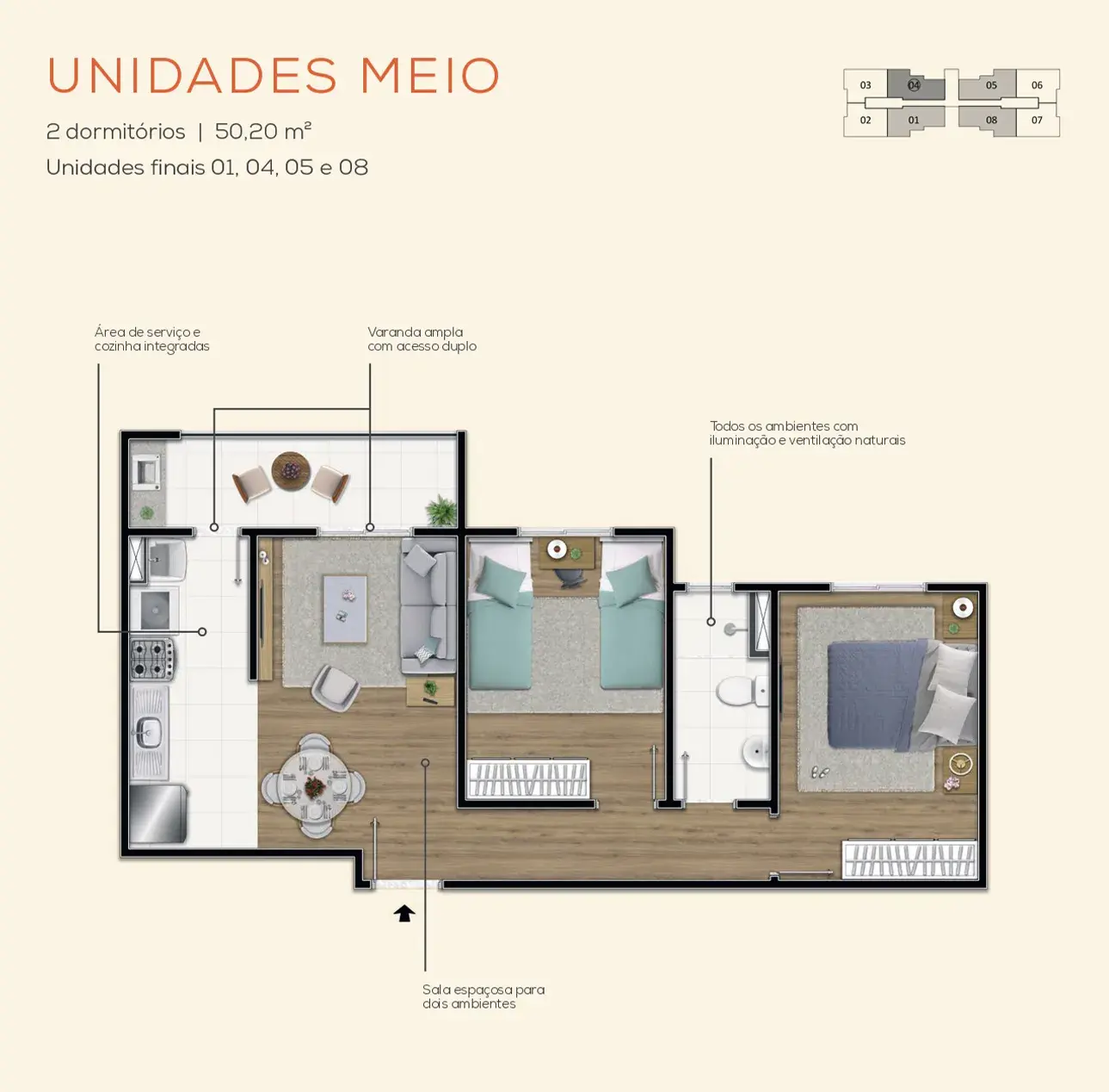 Meio | 2 quartos | 50,20 m²