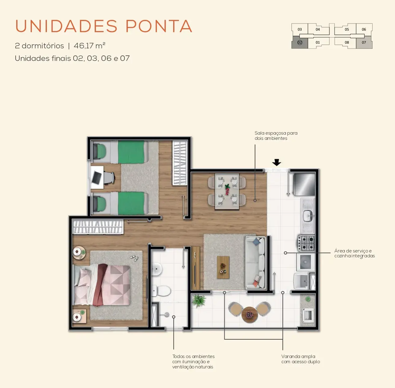 Ponta | 2 quartos | 46,17 m²