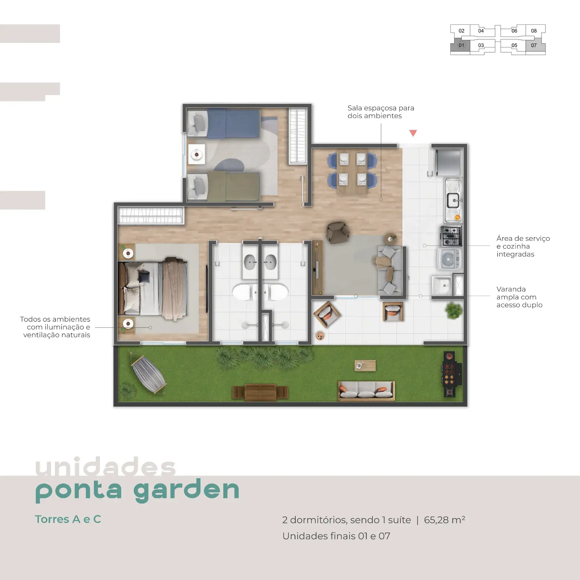 Ponta Garden | 2 dorms | suíte | Torres A e C