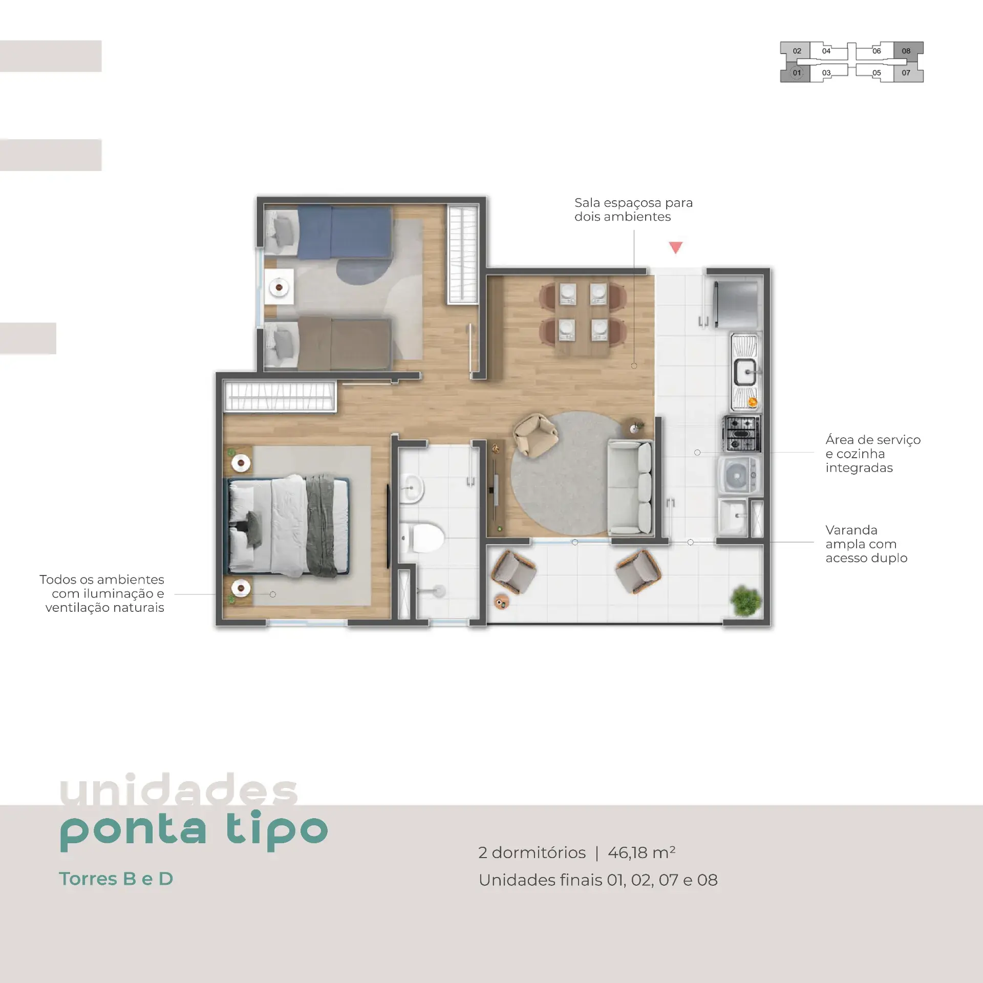 Ponta Tipo | 2 dorms | Torres B e D