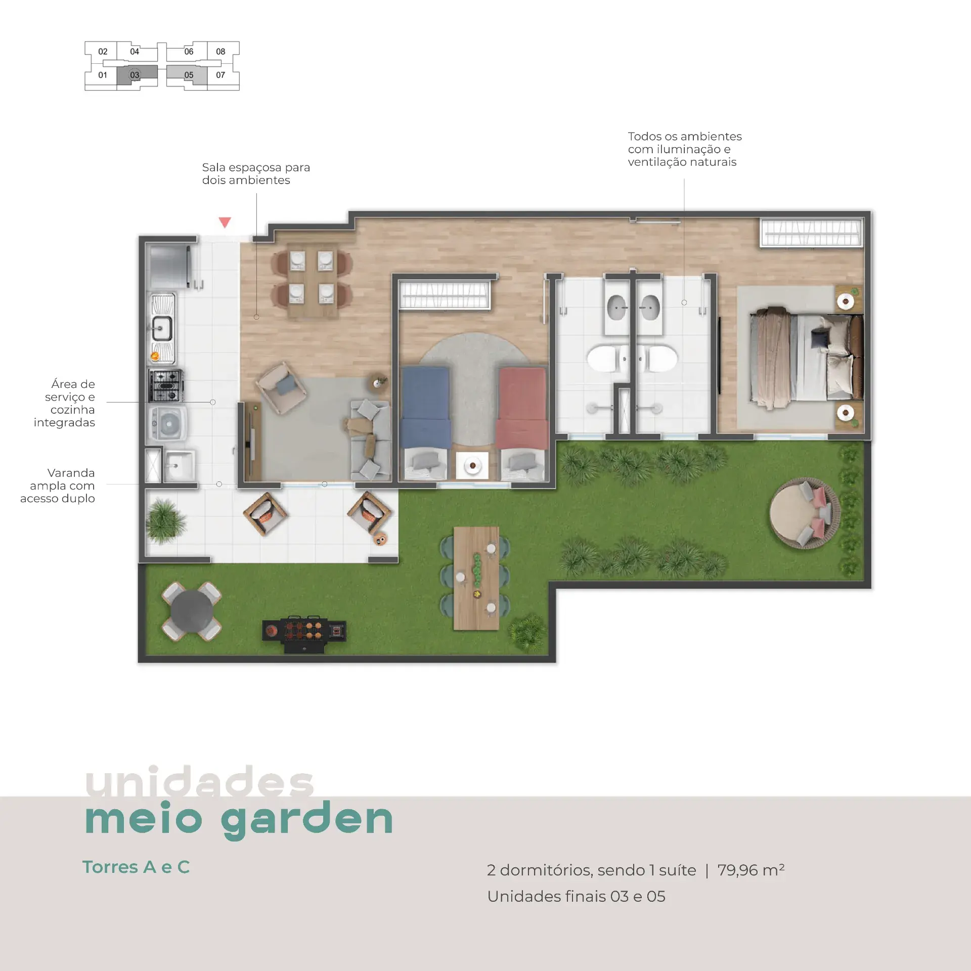 Meio Garden | 2 dorms | suíte | Torres A e C