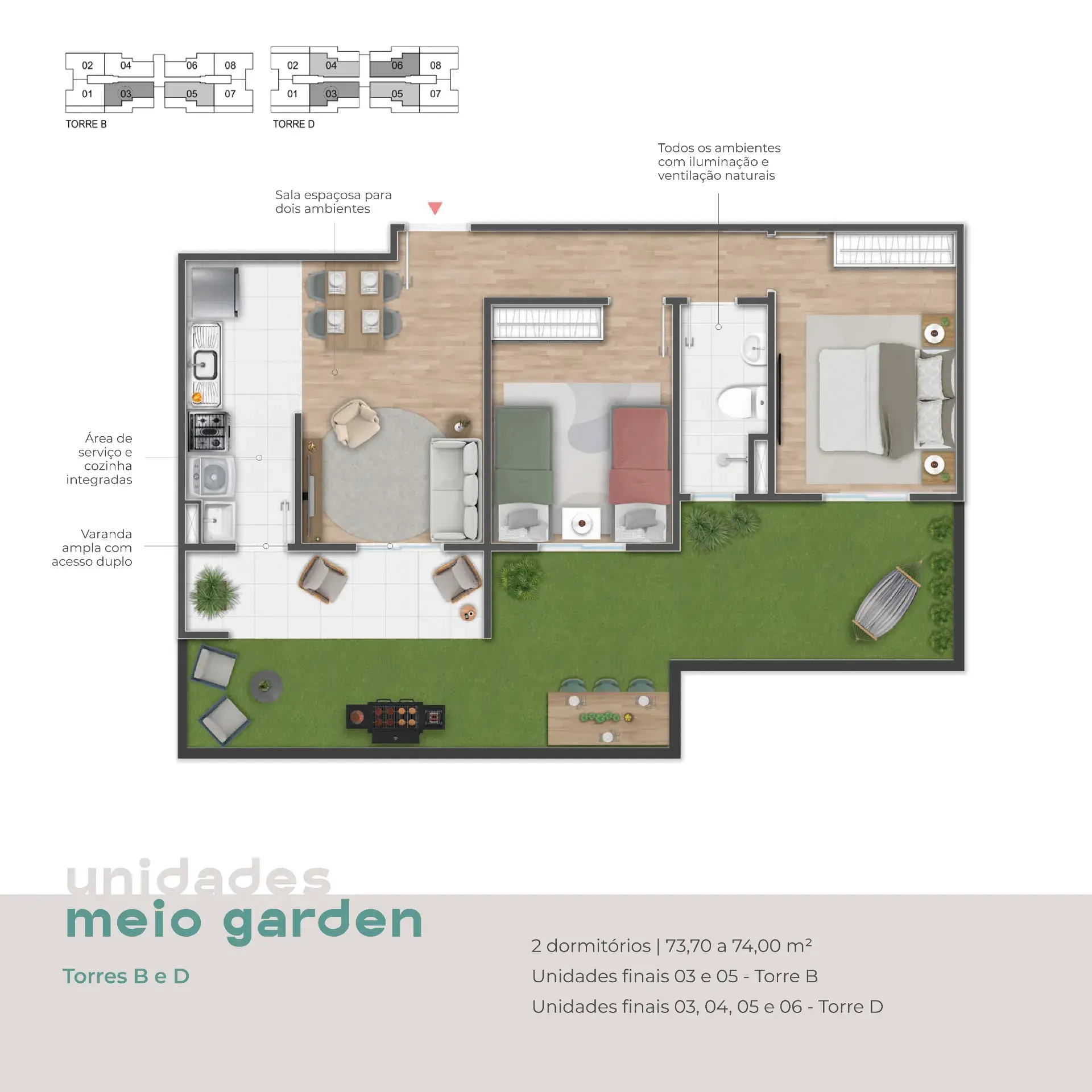 Meio Garden | 2 dorms | Torres B e D