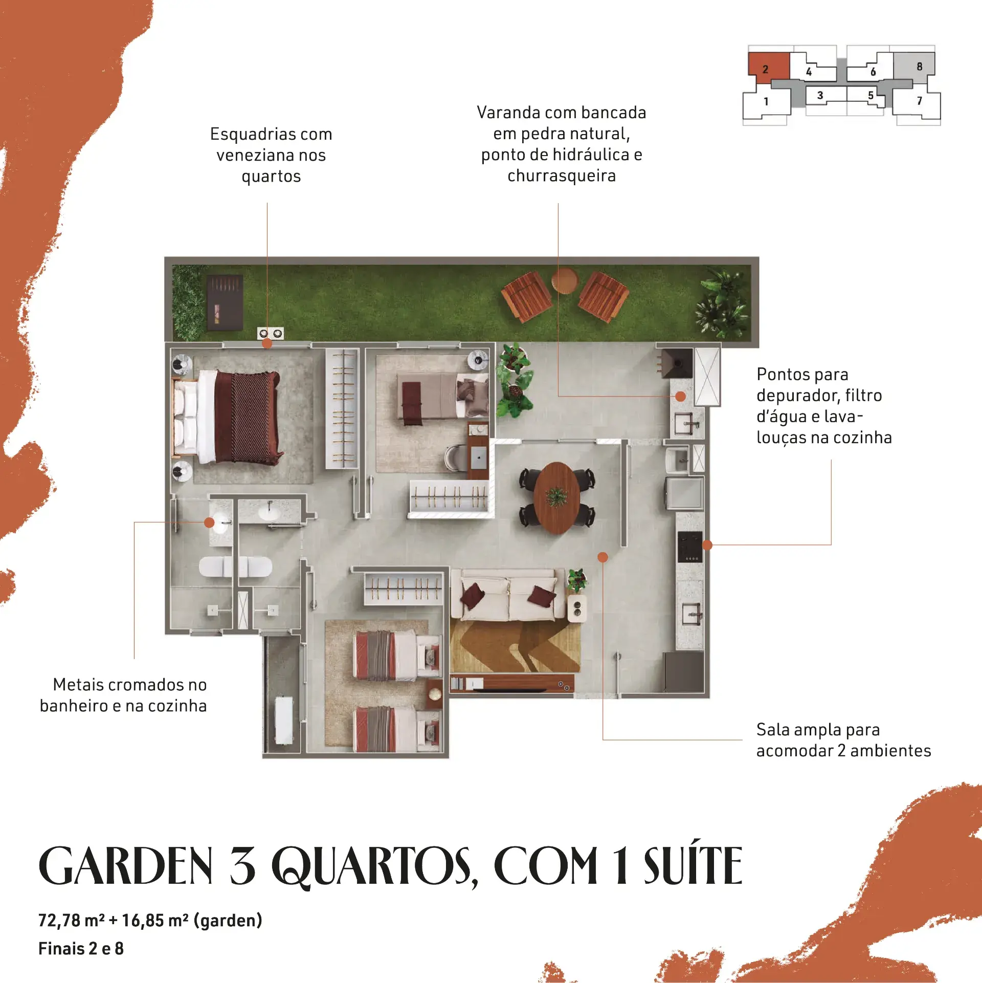Garden 3 quartos, com 1 suíte | Finais 2 e 8