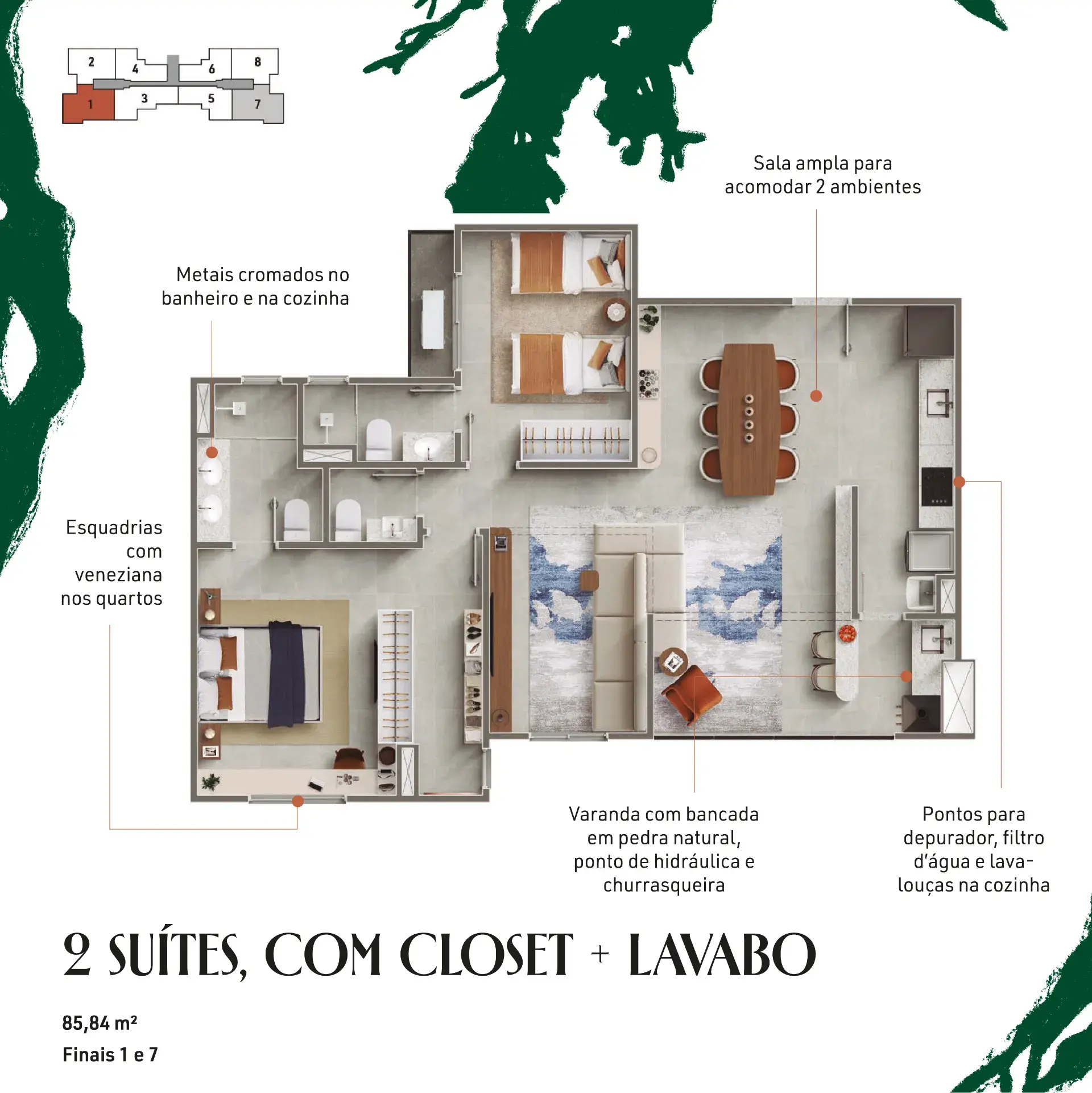 2 suítes, com closet + lavabo | Finais 1 e 7