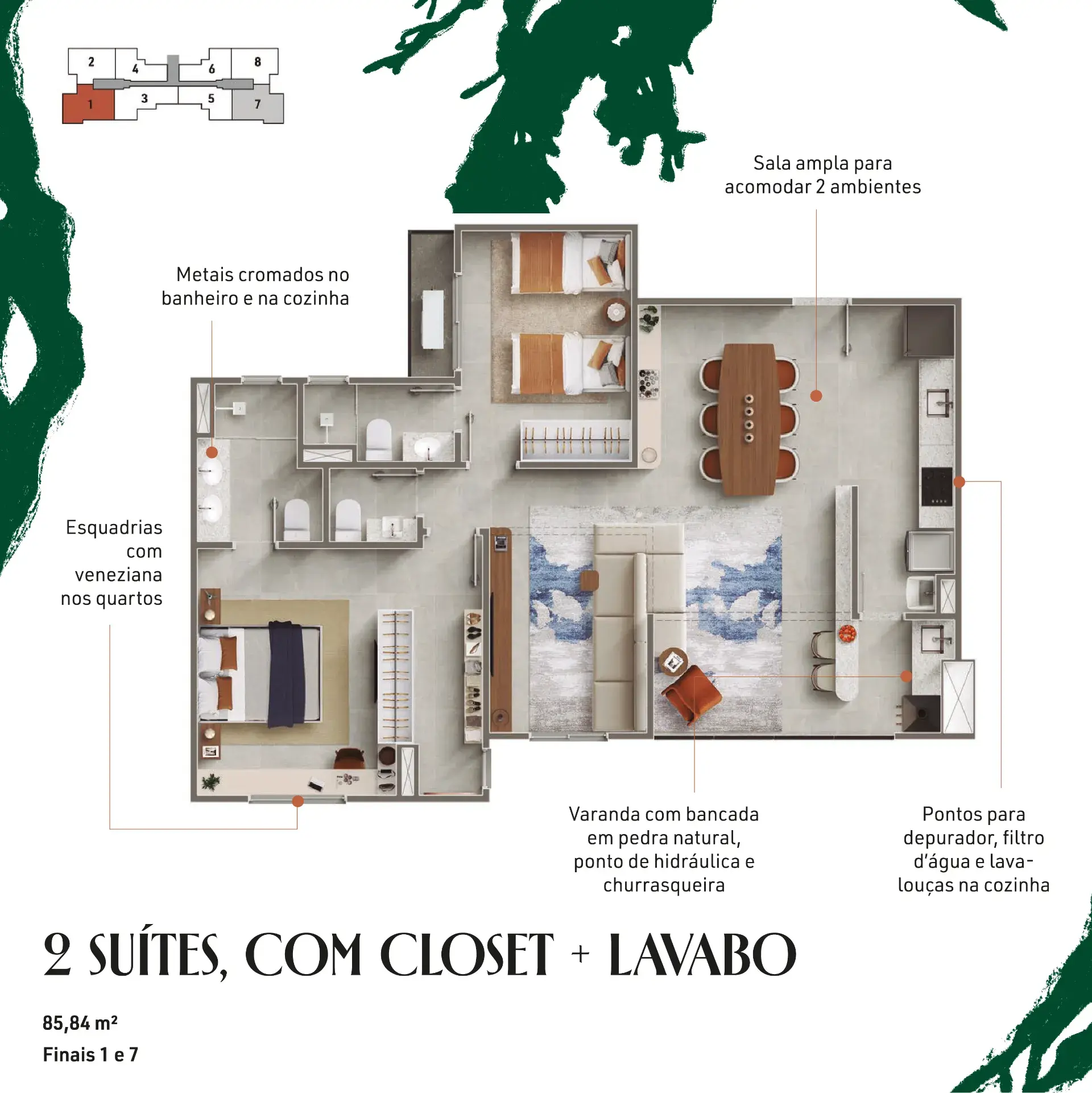 2 suítes, com closet + lavabo | Finais 1 e 7