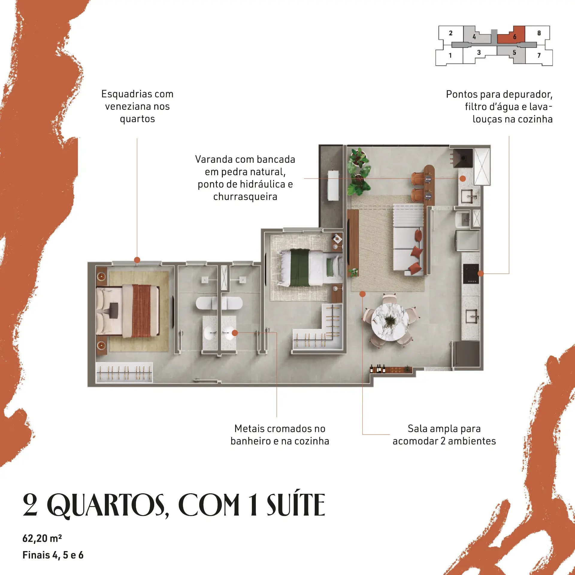 2 quartos, com 1 suíte | Finais 4, 5 e 6