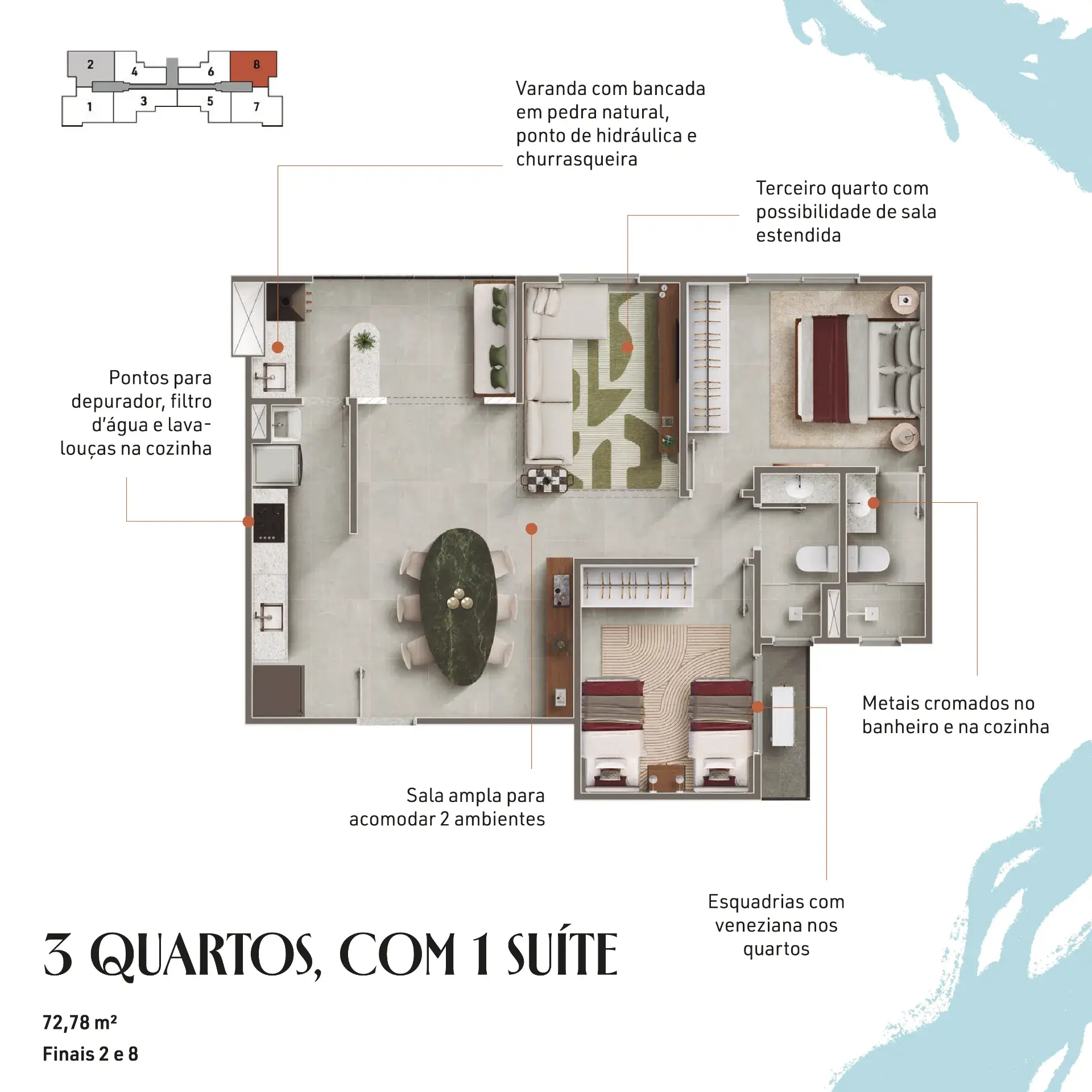 3 quartos, com 1 suíte | Finais 2 e 8